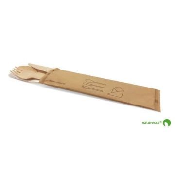 Set posate in legno monouso Scatolificio del Garda forchetta-coltello-cucchiaio tovagliolo avana - Conf. 250 pezzi 20380