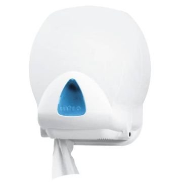 Distributore mini di carta igienica jumbo QTS in ABS con capacità massim Ø 20 cm bianco con vetrino blu IN-TO2/WS