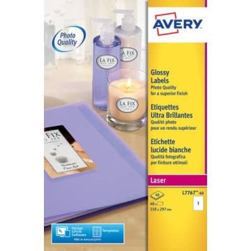 Etichette permanenti Avery A4 - 210x297 mm bianco lucido Laser 1 et./foglio Conf. 40 fogli - L7767-40