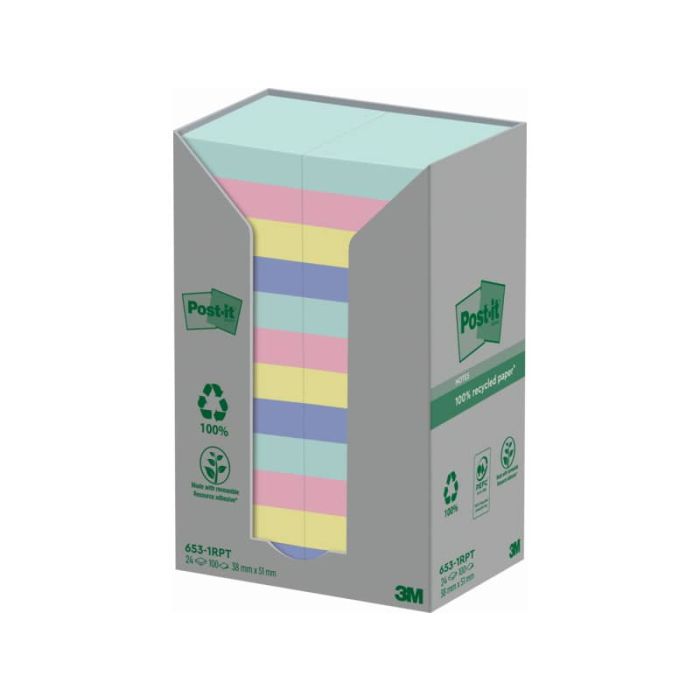 Foglietti Post-it Notes in carta riciclata assortiti pastello conf. Torre da 24 blocchetti da 100 ff - 653-1RPT main product photo