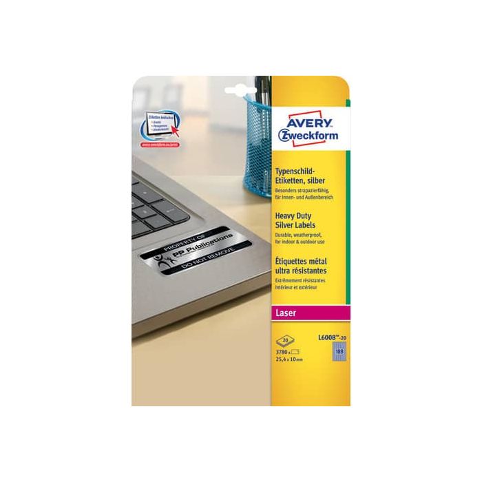 Etichette permanenti in poliestere Avery 25,4 x 10 mm argento Laser 189 et./foglio Conf. 20 fogli - L6008-20 main product photo
