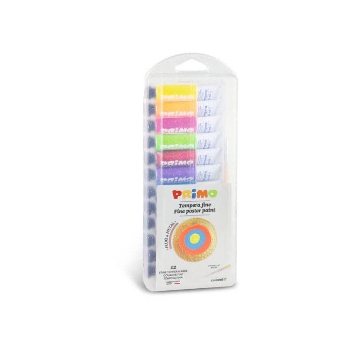 Tempere 12 ml - scatola in polipropilene - 8 tubetti metallizzati, 4 tubetti fluo + 1 pennello Primo assortiti - 450T12FMP main product photo