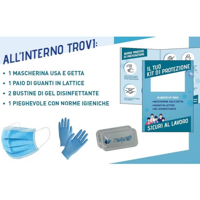 Kit dispositivi di protezione con mascherina + guanti + 2 bustine gel + pieghevole con norme igieniche - SFTKT01 main product photo