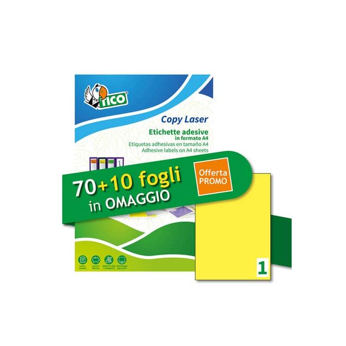 Etichette giallo fluorescente permanenti Tico laser/inkjet 1 et./foglio conf. 70+10 ff OMAGGIO 210x297 mm main product photo