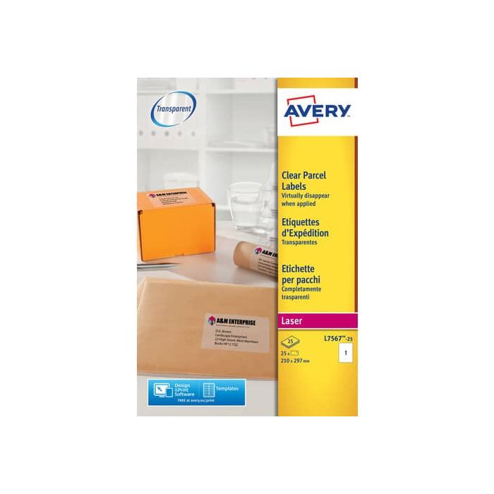 Etichette trasparenti per indirizzi AVERY 210 x 297 mm 25 fogli - L7567-25 main product photo