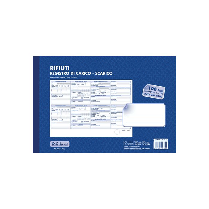 Registro carico-scarico rifiuti O.C.L. - conf. 10 blocchi - carta usomano 1-100 fogli 31x21 cm - 0437 main product photo