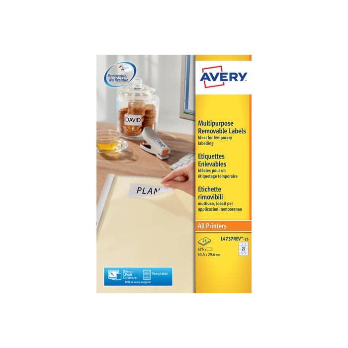 Etichette bianche rimovibili AVERY 63,5 x 29,6 mm 25 fogli - L4737REV-25 main product photo