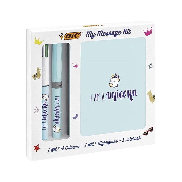 KIT Unicorn, 1 Penna a Sfera BIC 4Colori, 1 Evidenziatore Pastello Blu, 1 note book. BIC main product photo