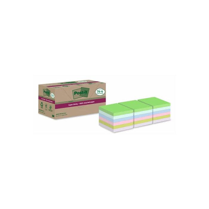 Foglietti riposizionabili Post-it®Super Sticky carta riciclata al 100% assortiti 76x76 mm - 18 blocchetti da 70 ff main product photo