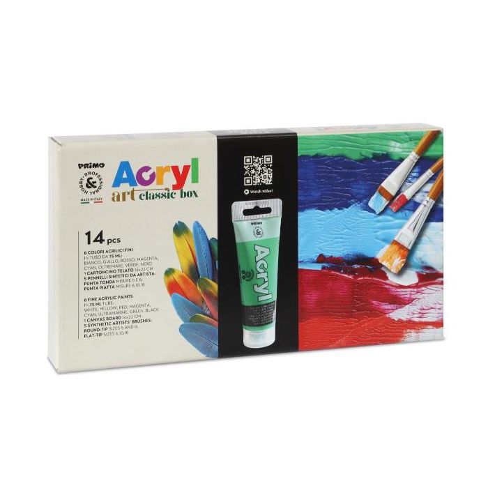 Colore acrilico Primo in bottiglia PET tappo dosatore 75 ml 8 colori assortiti + 5 pennelli assortiti - 4201BOX3 main product photo