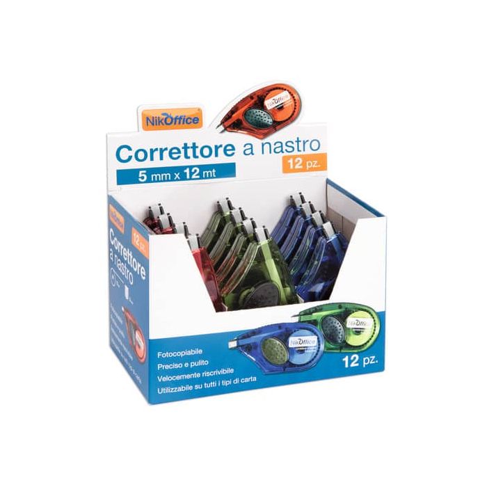 Espositore correttori a nastro Nikoffice 12 m x 5 mm - 12 pezzi - in colori assortiti - 22NIK030 main product photo