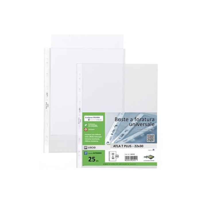 Buste in PP liscio Sei Rota Atla T Plus altissimo spessore trasparente 22x30 cm conf. 25 buste 662222 main product photo
