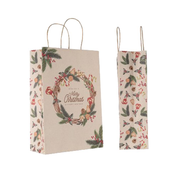 Shopper - maniglie cordino - 26 x 11 x 37 cm - carta kraft - natale ghirlanda verde - Mainetti Bags - conf. 25 pezzi main product photo