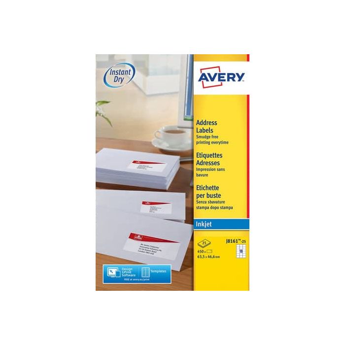 Etichette bianche per indirizzi per buste AVERY 63,5 x 46,6 mm 25 fogli - J8161-25 main product photo