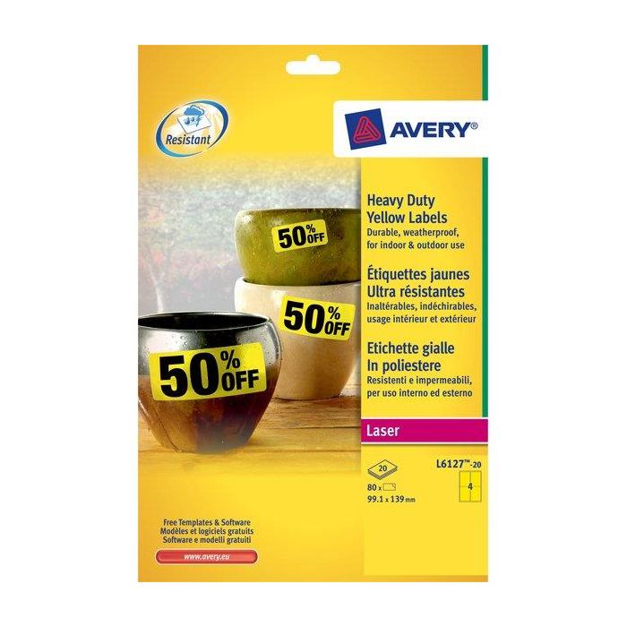 Etichette permanenti poliestere giallo Avery 99,1x139 mm - 4 et/foglio - per stampanti laser - cf. 20 fogli L6127-20 main product photo