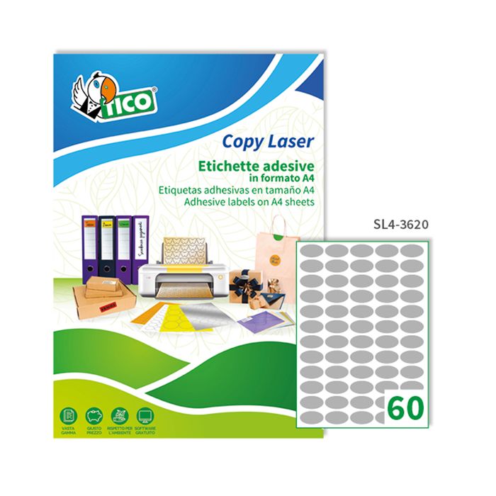 Etichetta adesiva SL4 ovale argento satinata 100fg A4 36x20mm (60et/fg) Tico main product photo