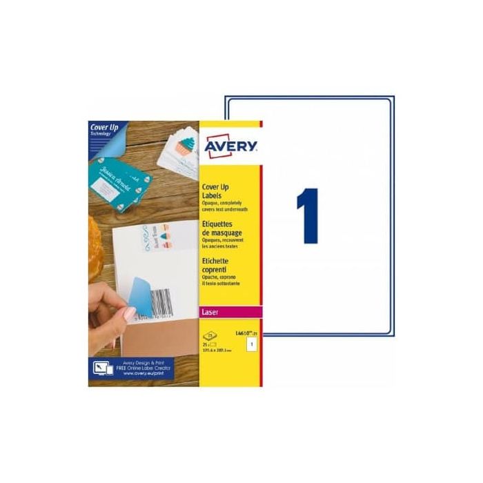 Etichette bianche coprenti Avery BlockOUT™ 199,6x289,1 mm - 1 et/foglio - stampanti laser - conf 25 ff - L4610-25 main product photo