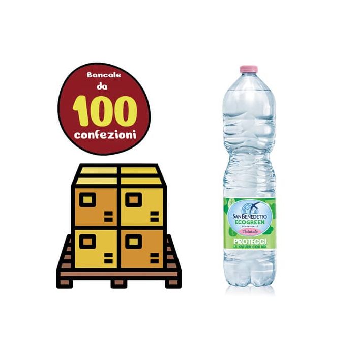 Bancale 100 confezioni da 6 bottiglie da 1,5 L di Acqua Minerale Naturale San Benedetto. Fonte Benedicta Scorze' (VE). La linea Ecogreen prevede plastica sostenibile creata per ridurre l'impatto ambientale e compensare il 100% delle emissioni CO2. main product photo