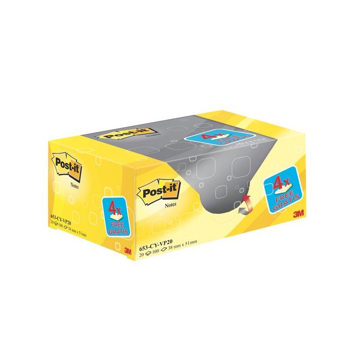 VALUE PACK 16+4 BLOCCO 100fg Post-itGiallo Canary 38x51mm 72GR 653CY-VP20 main product photo