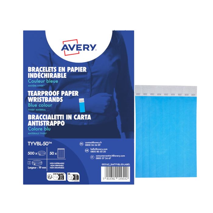 Braccialetti identificativi in Tyvek Avery resistenti all'acqua - conf. 500 pz - blu fluo - TYVBL-50 main product photo