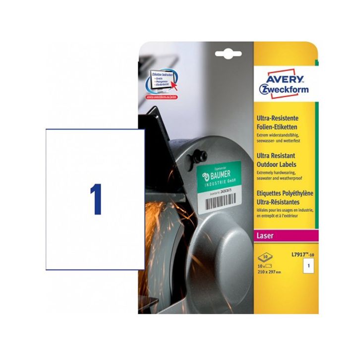 Etichette in polietilene bianco Avery 1 et./foglio Laser - 210x297 mm conf. 10 fogli - L7917-10 main product photo