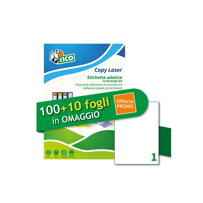 Etichette bianche adesive permanenti Tico laser/inkjet 1 et./foglio conf. 100+10 ff OMAGGIO 210x297 mm main product photo