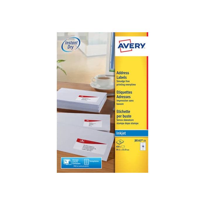 Etichette bianche per indirizzi per buste AVERY 99,1 x 33,9 mm 25 fogli - J8162-25 main product photo