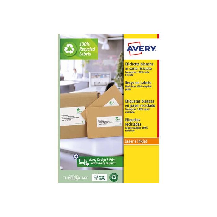Etichette in carta riciclata bianca per buste e pacchi Avery Laser 21 et./foglio 63,5x38,1 mm - conf. 15 fogli LR7160-15 main product photo