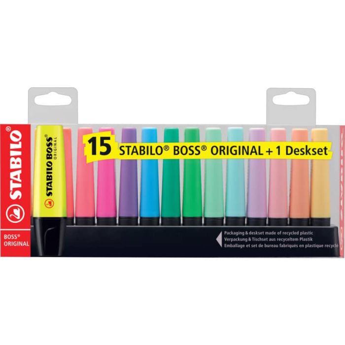 Evidenziatore Boss Original - punta a scalpello - tratto 2 - 5 mm - colori assortiti fluo + pastel - Stabilo - deskset 15 pezzi main product photo