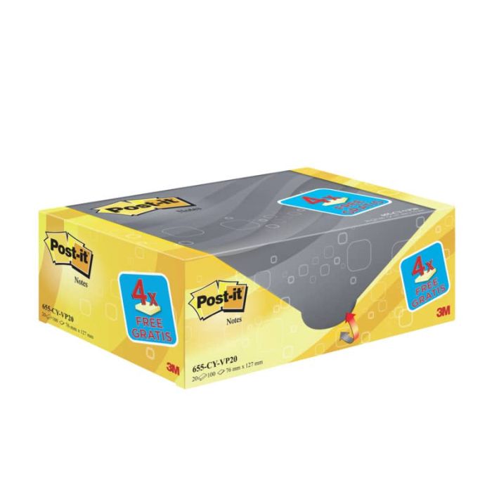 Foglietti riposizionabili Post-it Notes giallo Canary™ 76x127 mm Value Pack 16+4 blocchetti GRATIS - 655-VP20 main product photo