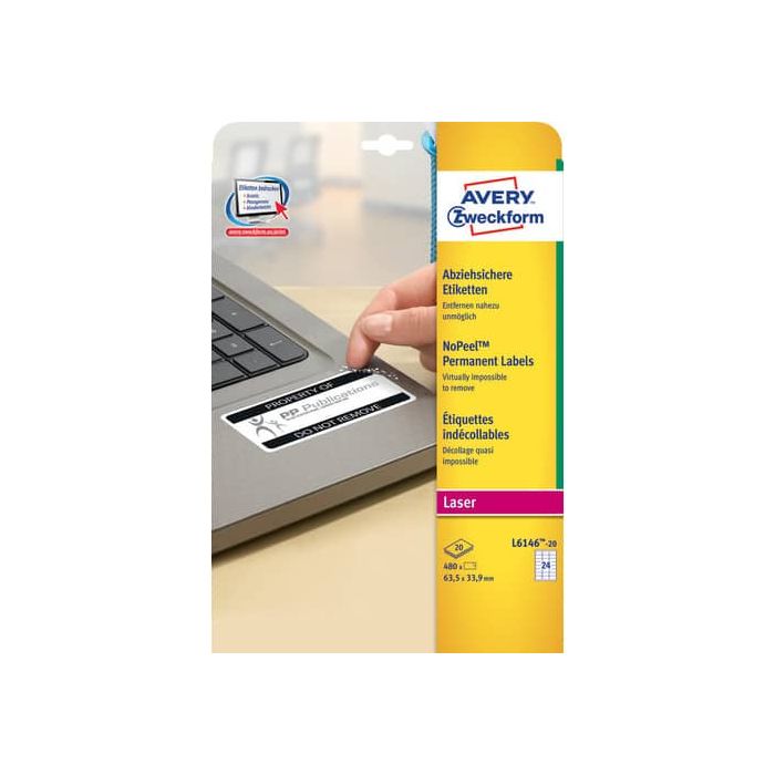 Etichette antimanomissione Avery 63,5x33,9 mm bianco Laser 24 et./foglio Conf. 20 fogli - L6146-20 main product photo