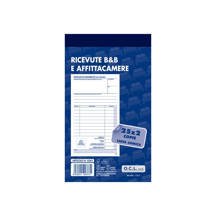 Blocco ricevute B&B e affittacamere O.C.L. 25x2 copie - conf. 10 blocchi - 9,9x17 cm - 0245 main product photo