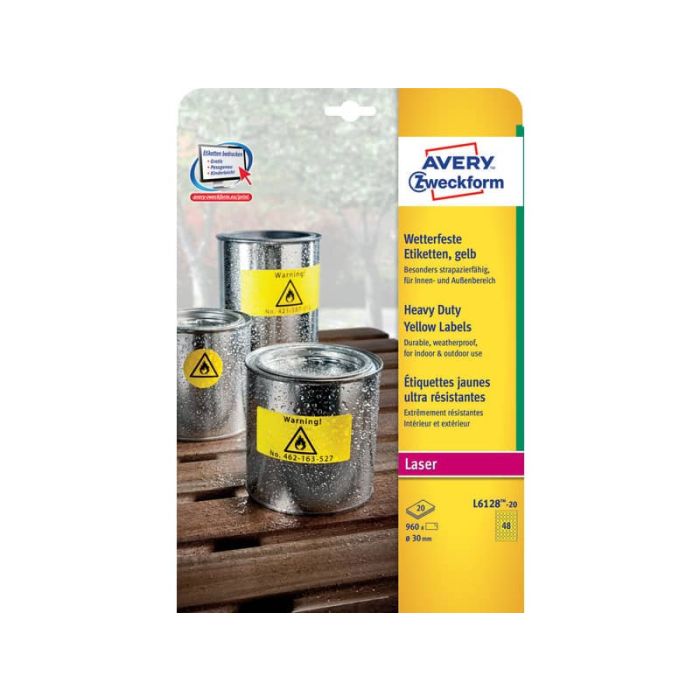 Etichette permanenti in poliestere Avery Ø30 mm giallo Laser 48 et./foglio Conf. 20 fogli - L6128-20 main product photo