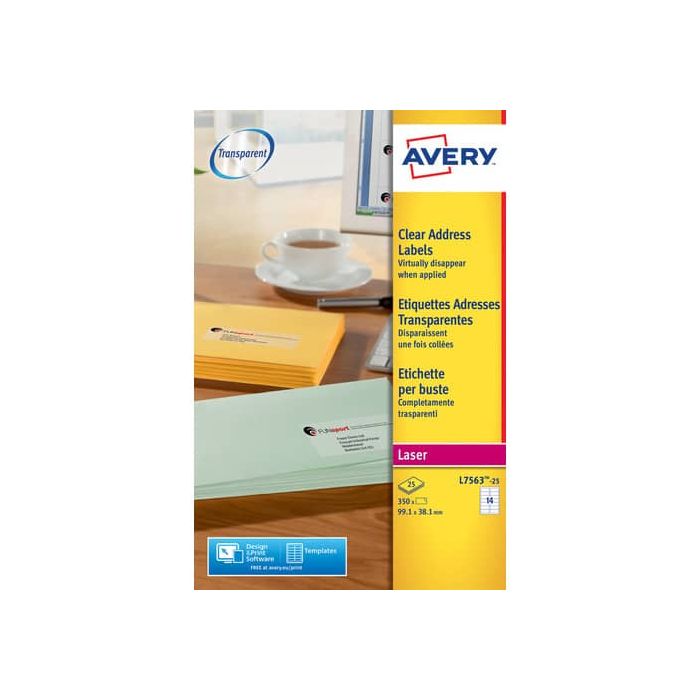 Etichette trasparenti per indirizzi AVERY 99,1 x 38,1mm 25 fogli - L7563-25 main product photo