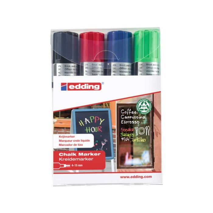Marcatori a gesso liquido edding 4090 punta scalpello 4-15 mm assortiti confezione da 4 - 4-4090-4999 main product photo