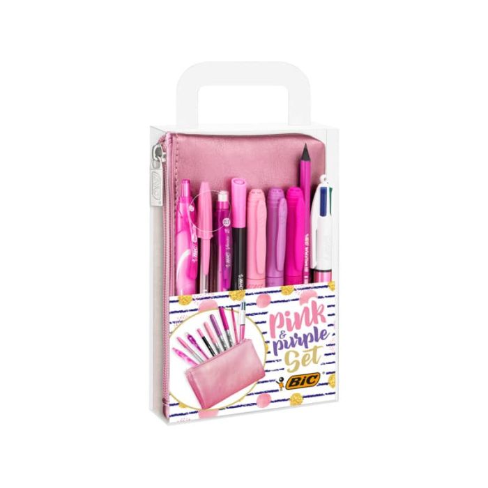 Set penne BIC Pink & Purple - trousse rosa metallizzato - modelli e colori assortiti - conf. 9 pezzi- 9642801 main product photo