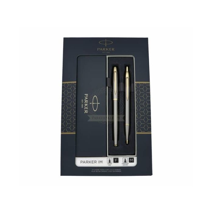 PARKER IM Duo set regalo con penna a sfera e penna roller, metallo satinato con finiture in oro, cartuccia e ricarica di inchiostro nero, confezione regalo main product photo