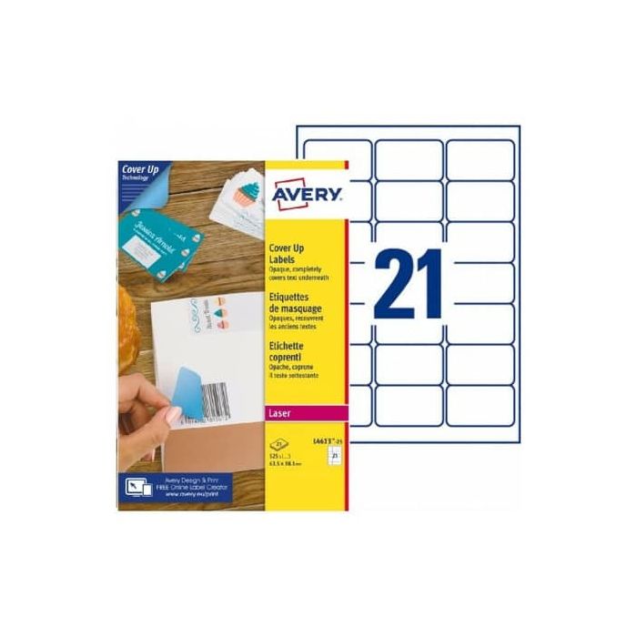 Etichette bianche coprenti Avery BlockOUT™ 63,5x38,1mm - 21 et/foglio - stampanti laser - conf. 25 ff - L4613-25 main product photo