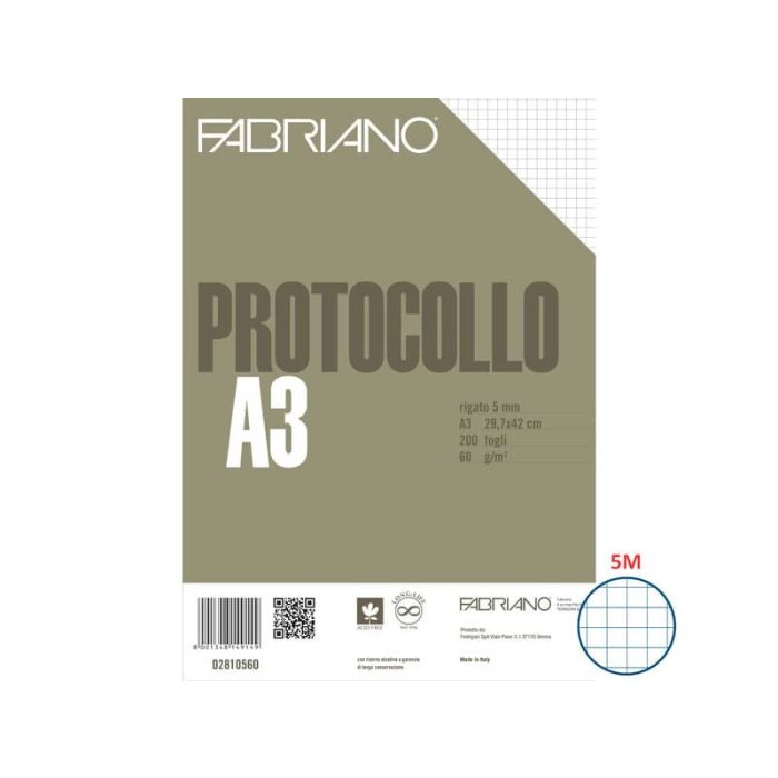 Fogli protocollo Fabriano PROTOCOLLO bianco 60 g/m² 29,7x42 cm rigato a 5 mm conf. da 200 fogli - 02810560 main product photo