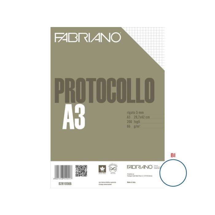 Fogli protocollo Fabriano PROTOCOLLO bianco 66 g/m² 29,7x42 cm rigato a 5 mm conf. da 200 fogli - 02810566 main product photo