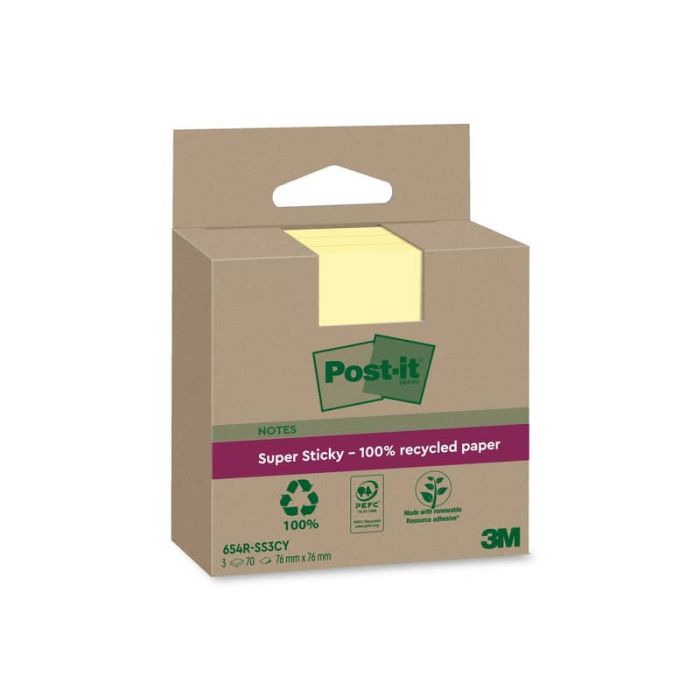 Foglietti riposizionabili Post-it® Super Sticky carta riciclata al 100% 76x76 mm Giallo Canary - 3 blocchetti da 70 ff main product photo