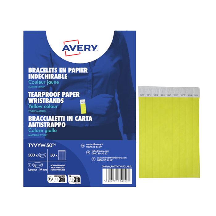 Braccialetti identificativi in Tyvek Avery resistenti all'acqua - conf. 500 pz - giallo fluo - TYVYW-50 main product photo