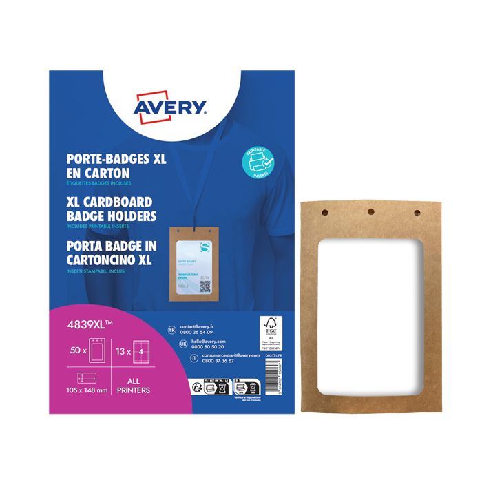 Porta badge Avery A6 in cartoncino certificato FSC - inserti in carta inclusi - conf. 25 pz - 4839XL main product photo