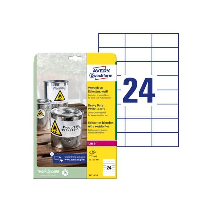 Etichette permanenti in poliestere Avery 70x37 mm bianco Laser 24 et./foglio Conf. 20 fogli - L4718-20 main product photo