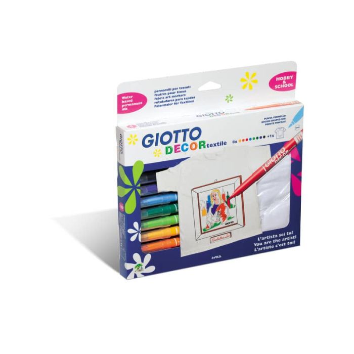 Pennarelli per tessuti GIOTTO Decor Textile tratto fine 1-3 mm assortiti astuccio da 8 + t-shirt bianca - 494500 main product photo