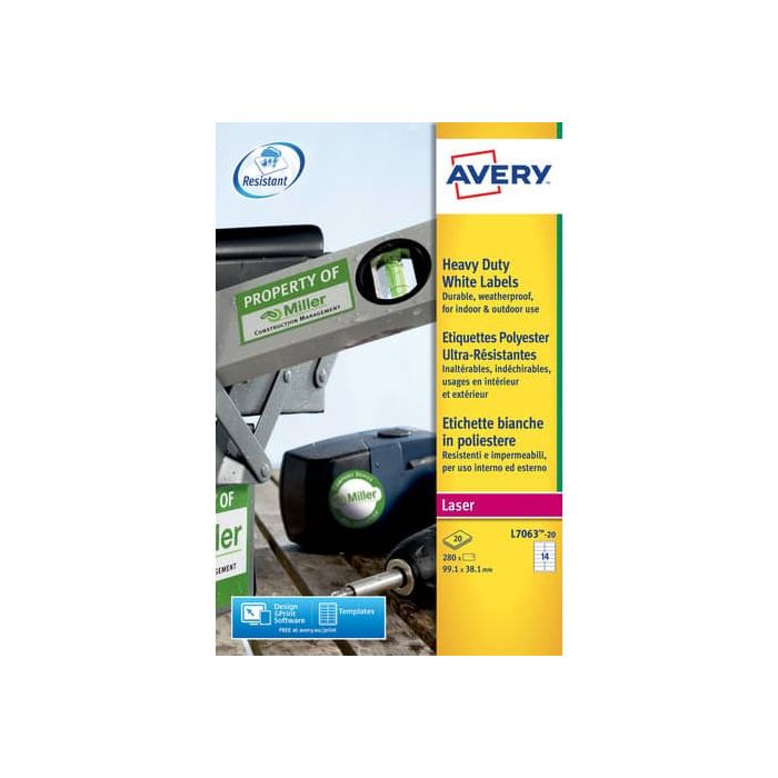 Etichette permanenti in poliestere Avery 99,1x38,1 mm bianco Laser 14 et./foglio Conf. 20 fogli - L7063-20 main product photo