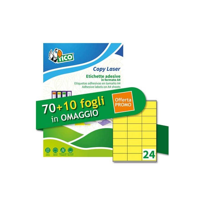 Etichette giallo fluorescente permanenti Tico laser/inkjet 24 et./foglio conf. 100+10 ff OMAGGIO 70x36 mm - LP4FG-7036P main product photo