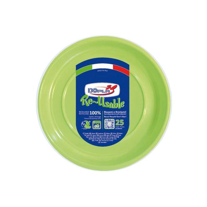 Piatti piani verde acido in polistirene h.19 mm conf. 25 pz Dopla Reusable diam. 220 mm - 11843 main product photo