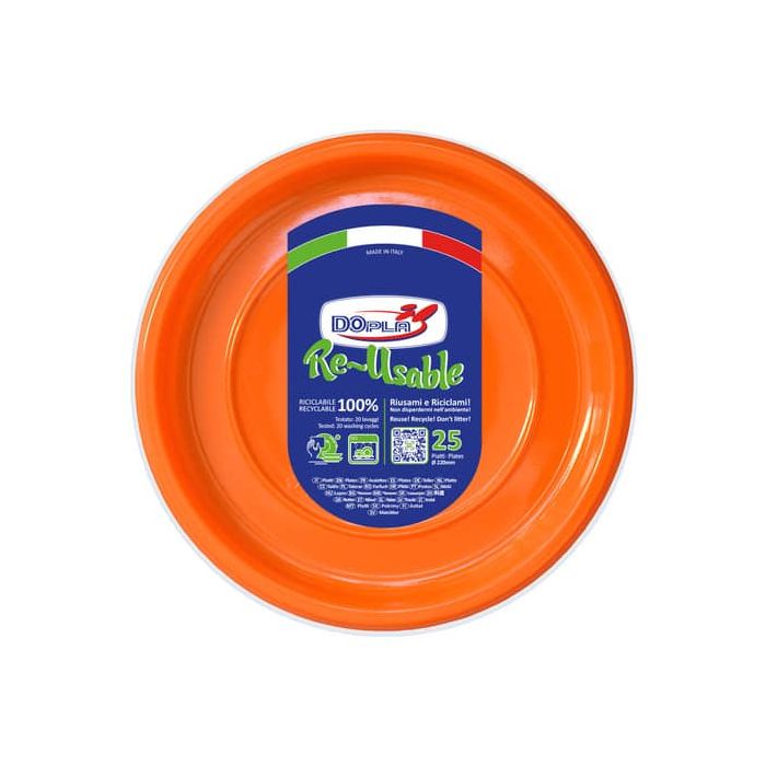 Piatti piani arancioni in polistirene h.19 mm conf. 25 pz Dopla Reusable diam. 220 mm - 11825 main product photo