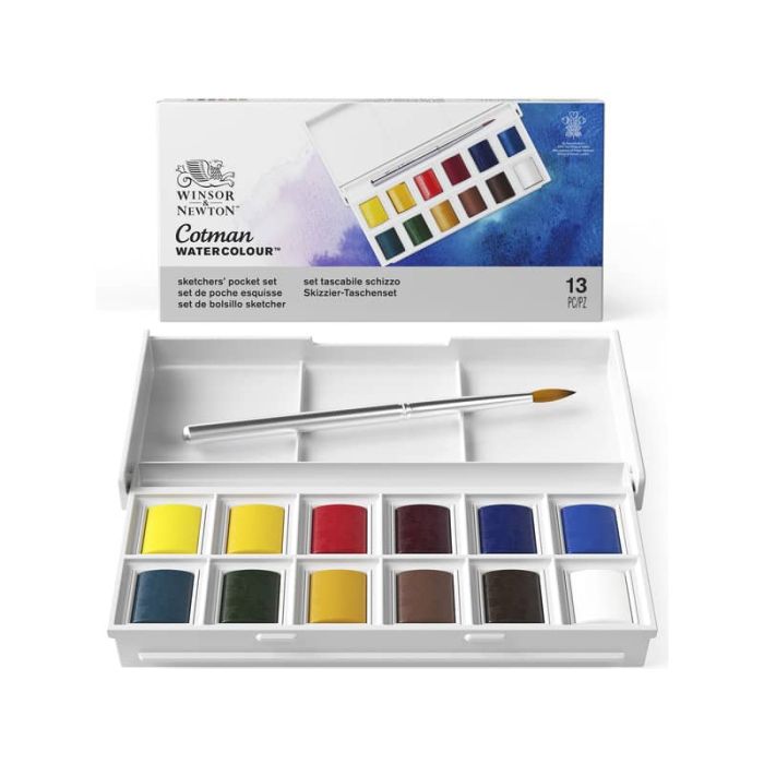 Set acquerelli Sketchers Cotman 12 1/2 godet + pennello Winsor&Newton colori assortiti - 0390640 main product photo